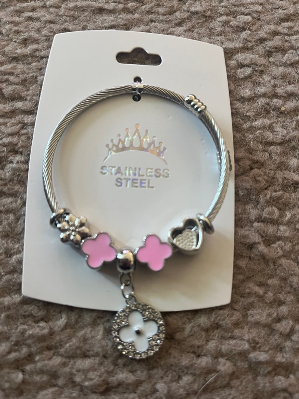 Stainless Steel Pink Clover Charm Bracelet
